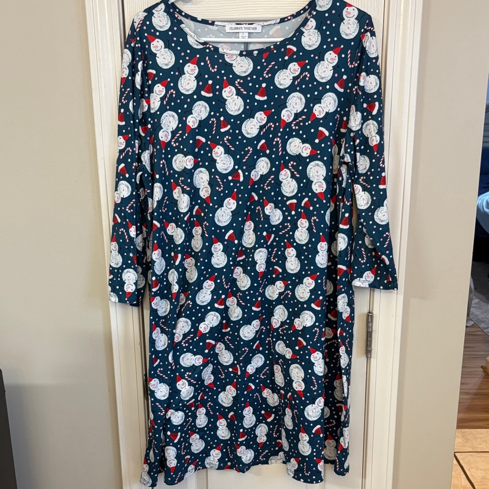 Festive Snowman Print Dress - Navy